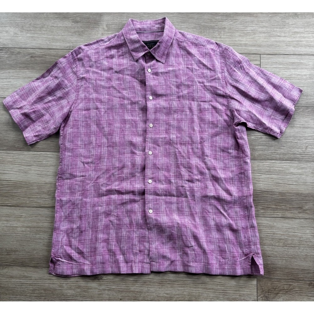 Jos A Bank Men's Reserve‎ Pink Windowpane Linen Shirt L Beach Island Vacation